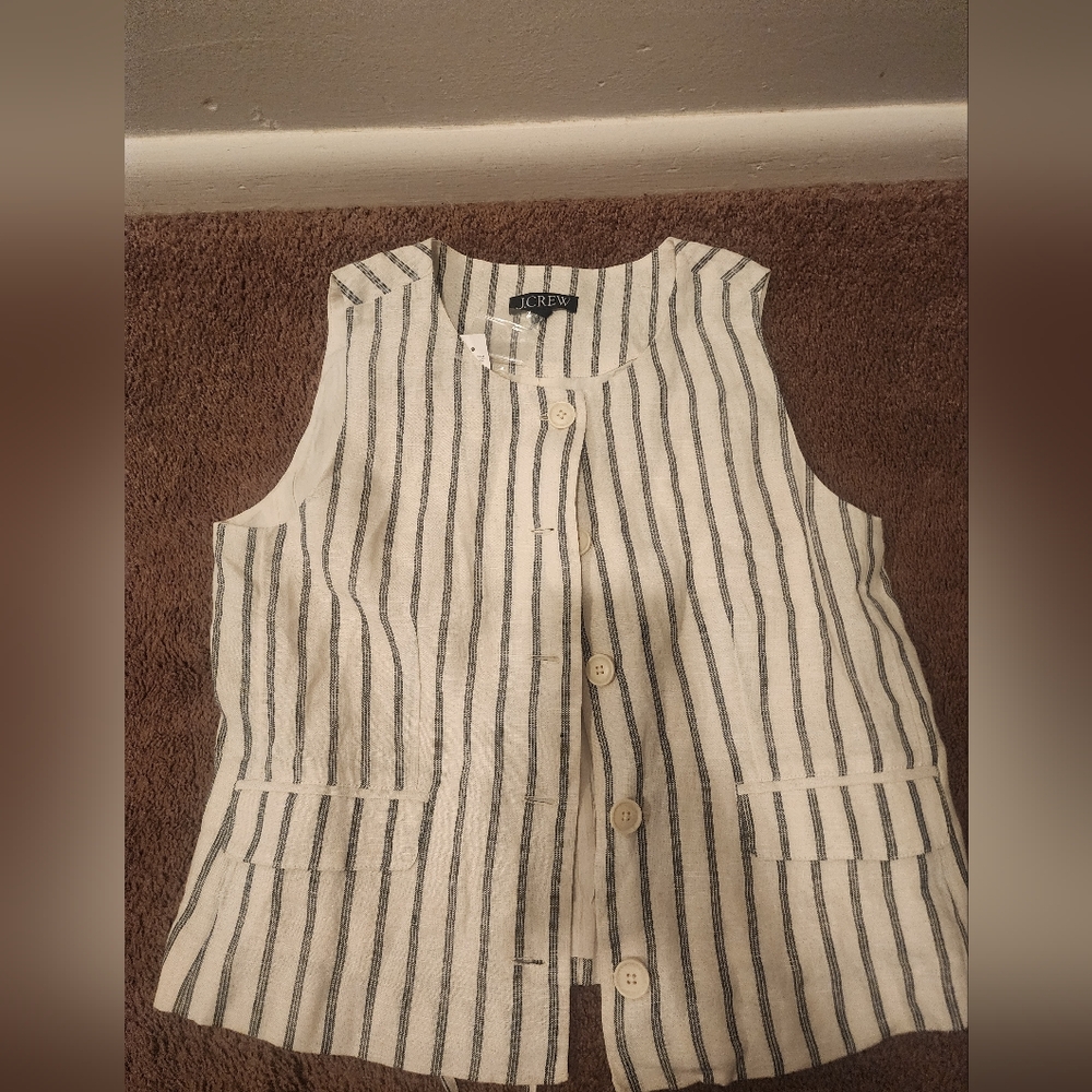 NWT J.Crew Crewneck Vest in Striped Linen, Sz 6